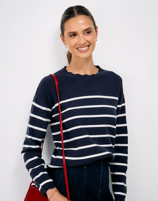 Crew Clothing Women's Scallop Edge Stripe Cross Over Back Jumper In Navy White