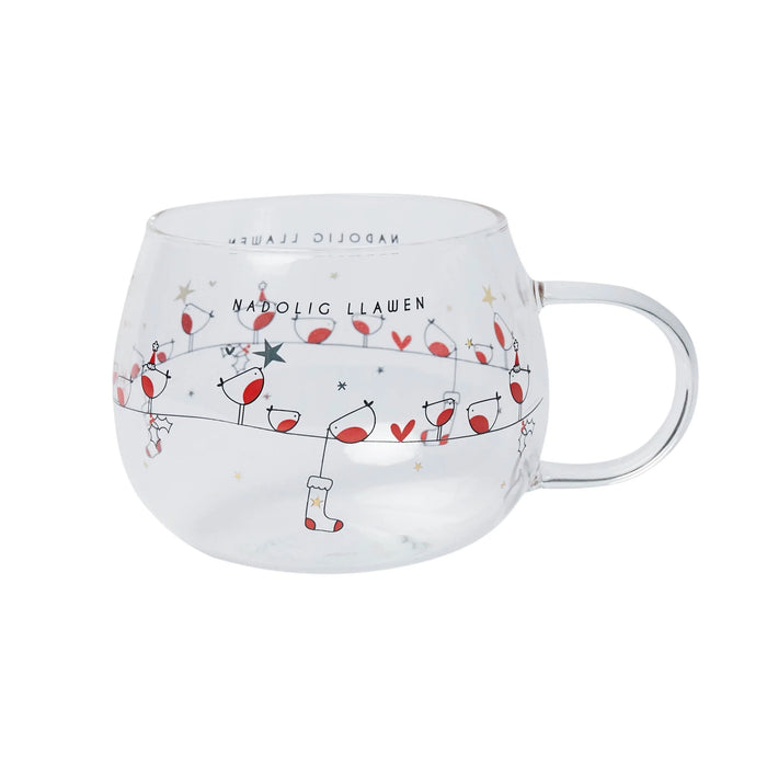 Belly Button Welsh Glass 'Nadolig Llawen' Robins On A Line Mug