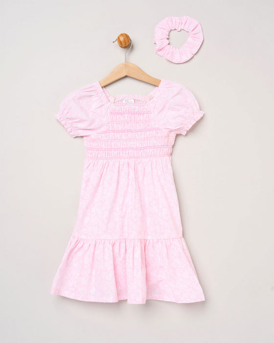 Willow & Whistle Floral Pink Shirred Dress And Scrunchie