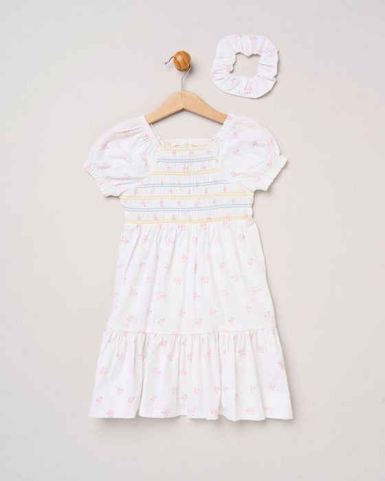 Willow & Whistle White Shirred Dress And Scrunchie