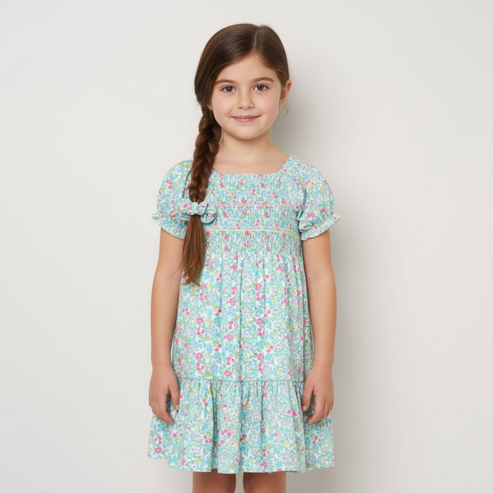 Willow & Whistle Floral Blue Shirred Dress And Scrunchie