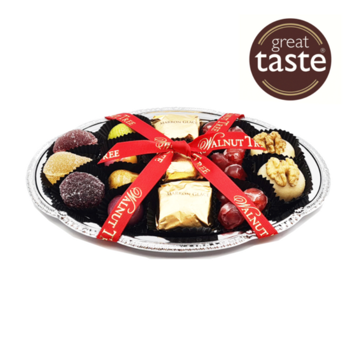 Walnut Tree Silver Tray Selection of Pate de Fruit, Glace Fruit, Marrons Glace and Marzipan Fruits