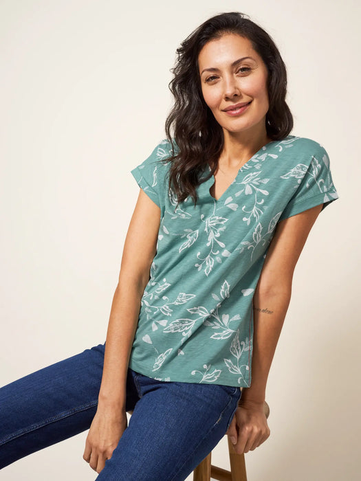 White Stuff Women's Teal Nelly Notch Neck Tee