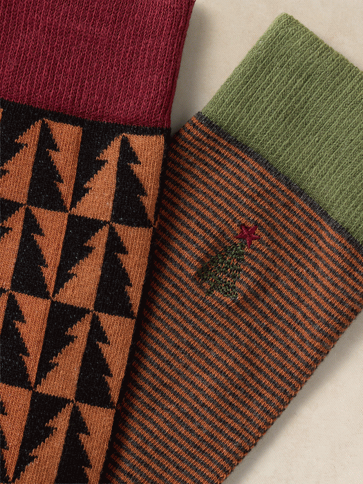White Stuff Men's 2 Pack Christmas Tree Ankle Sock In Green Multi