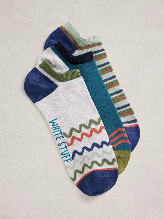 White Stuff Men's 3PK Patterned Trainer Socks In Teal Multi
