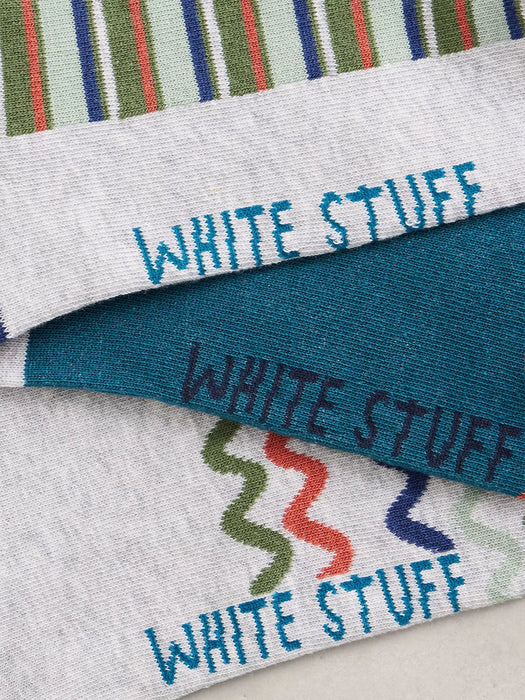 White Stuff Men's 3PK Patterned Trainer Socks In Teal Multi