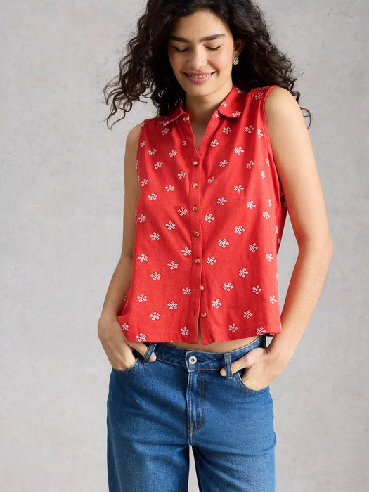 White Stuff Women's Amy Embroidered Sleeveless Shirt In Red Multi
