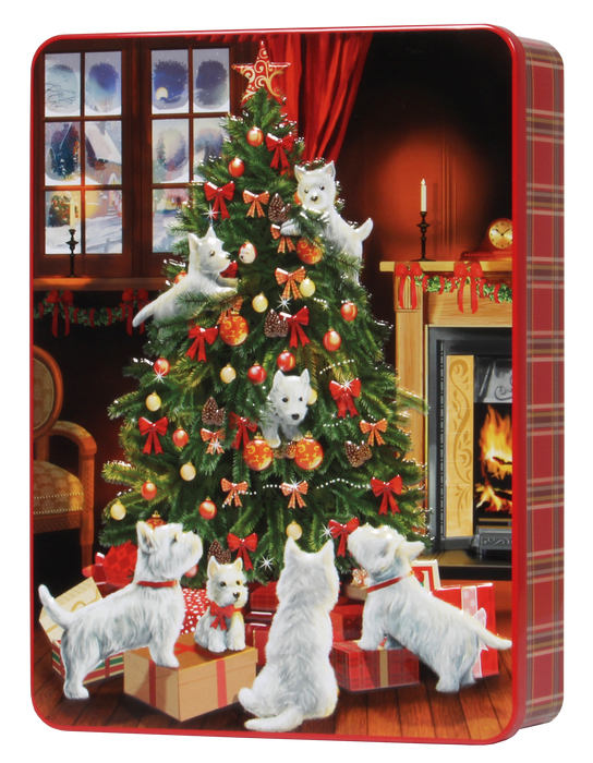 Christmas Scottie Dogs around Tree Tin Of Biscuits