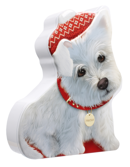 Christmas Westie Shaped Embossed Shortbread Biscuit Tin