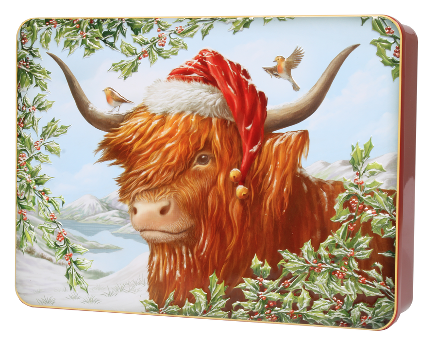 Christmas Highland Cow Chocolate Chip & Shortcake Whirls Biscuit Tin