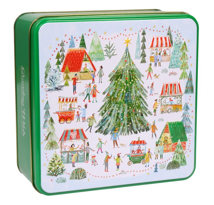 Christmas Village Scene Embossed Tin Filled With Biscuits