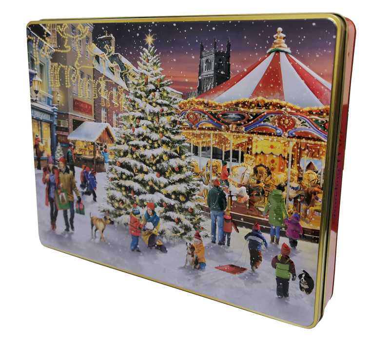 Christmas Market Scene Embossed Tin Filled With Choc Chip Biscuits