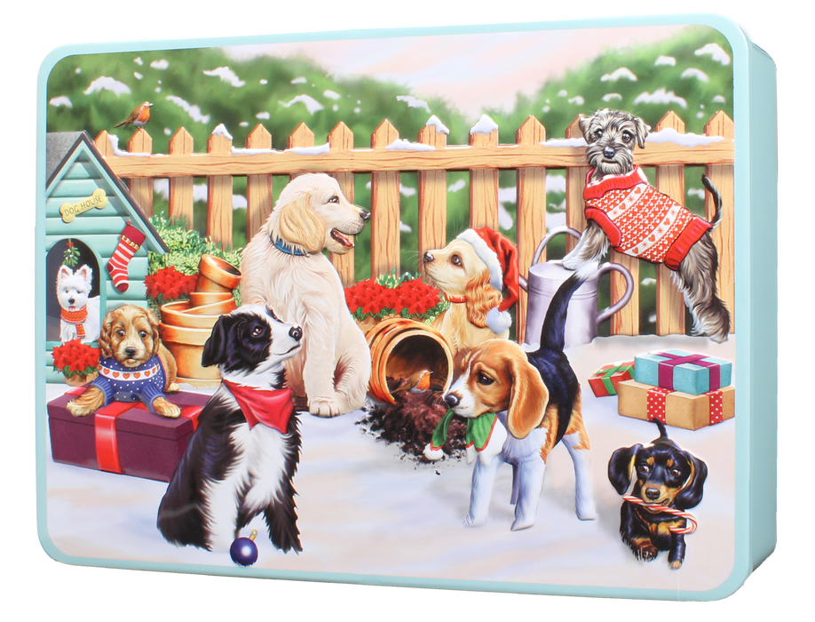 Embossed Dog Garden Tin Filled With Assorted Biscuits