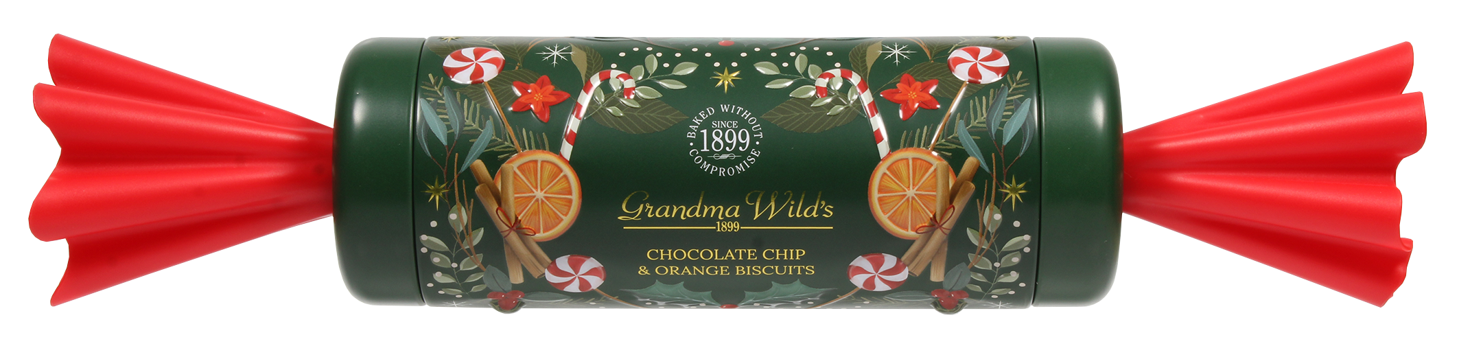 Grandma Wild's Candy Cane Cracker Choc Chip & Orange Biscuit Tin