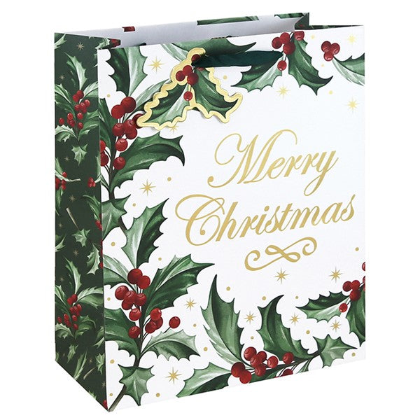 Holly Xmas White Kraft Bag Large