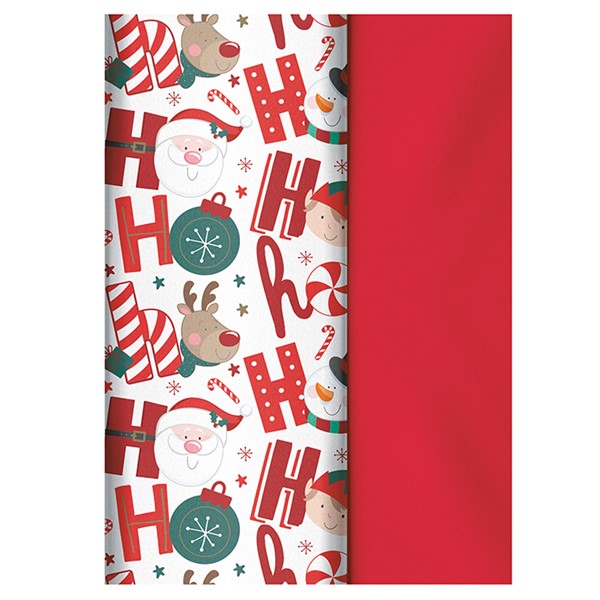 A roll of Christmas-themed wrapping paper shown partially unrolled, with a white base printed with red 'HO HO HO' letters, candy canes, Santa Claus, reindeer, snowman, ornaments, and small red stars, alongside a solid red sheet of the same paper.