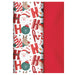 A roll of Christmas-themed wrapping paper shown partially unrolled, with a white base printed with red 'HO HO HO' letters, candy canes, Santa Claus, reindeer, snowman, ornaments, and small red stars, alongside a solid red sheet of the same paper.