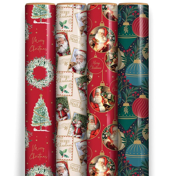 Four rolls of Christmas-themed wrapping paper standing upright side by side. The designs include red with green wreaths and gold script, cream with Santa illustrations and postage stamps, red with Santa portraits and gold accents, and dark green with teal ornaments and gold details.