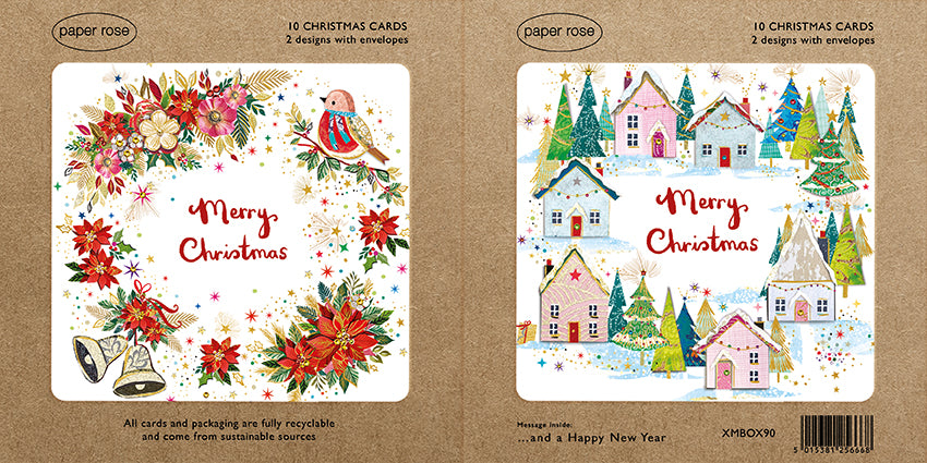 Paper Rose 'Christmas Houses & Poinsettia Wreath' Christmas Cards Boxed