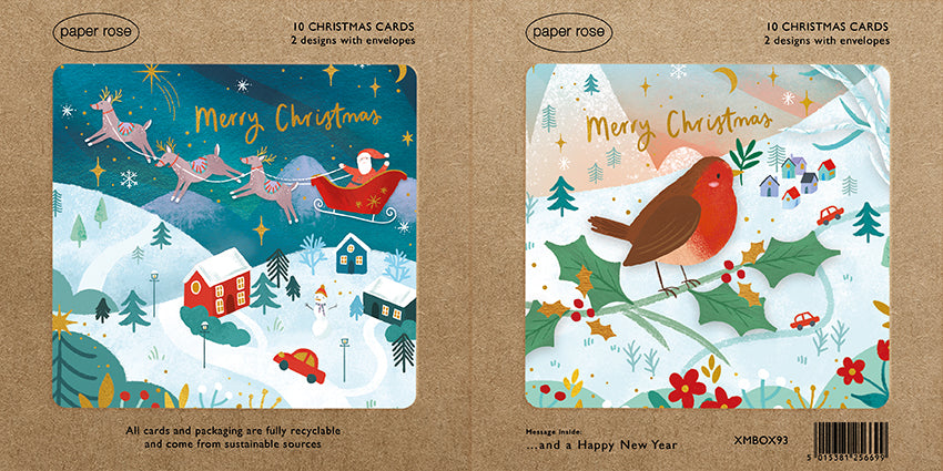 Paper Rose 'Santa Scene & Robin Winter Sunrise' Christmas Cards Boxed