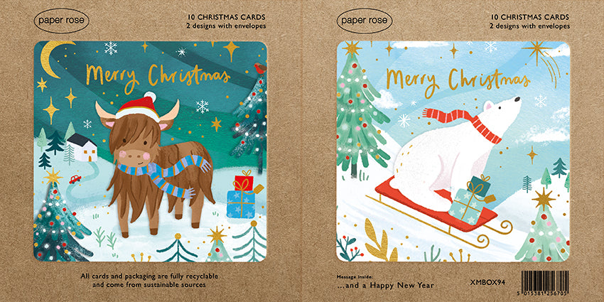 Paper Rose 'Highland Cow & Sledging Polar Bear' Christmas Cards Boxed
