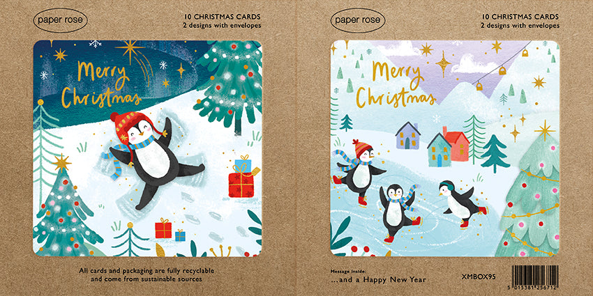 Paper Rose 'Snow Angel & Ice Skating Penguins' Christmas Cards Boxed