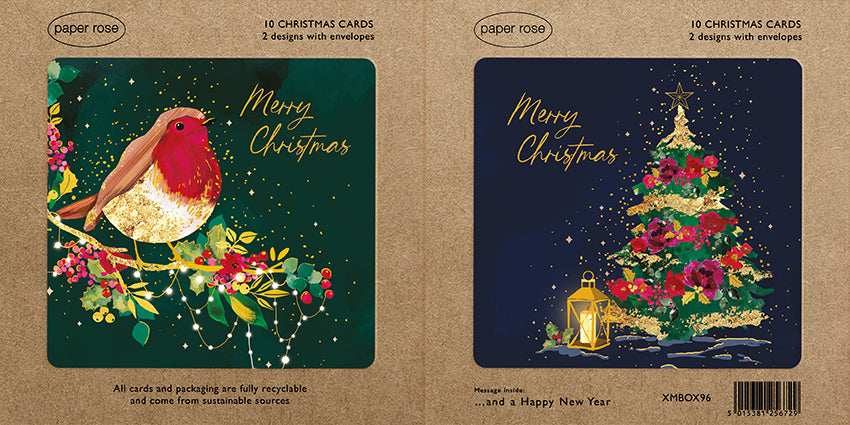 Paper Rose 'Festive Robin & Christmas Tree' Christmas Cards Boxed