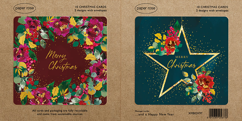 Paper Rose 'Floral Wreath & Hanging Star' Christmas Cards Boxed