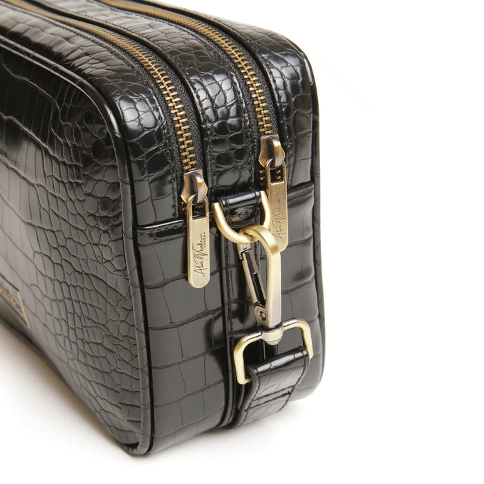 Alice Wheeler Luxury Black Croc Soho Dual Compartment Camera Cross Body Bag