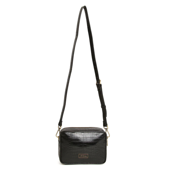 Alice Wheeler Luxury Black Croc Soho Dual Compartment Camera Cross Body Bag