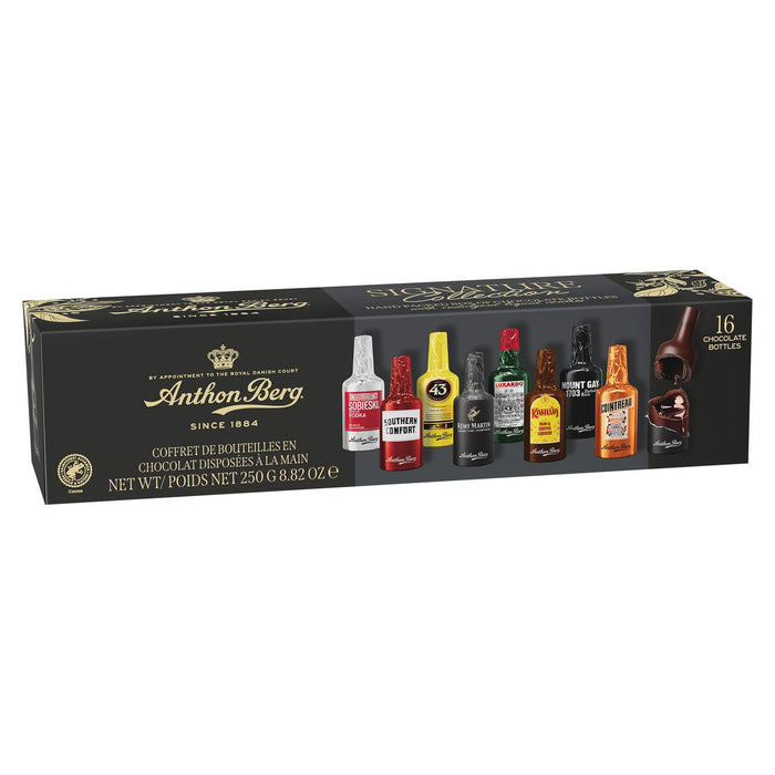 Anthon Berg Chocolate Bar Box containing 16 assorted gourmet chocolate bars, presented in a sleek black box with gold lettering and a row of colorful miniature bottle illustrations.