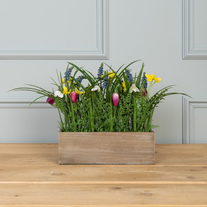 Floralsilk Faux Spring Flowers In Wooden Planter