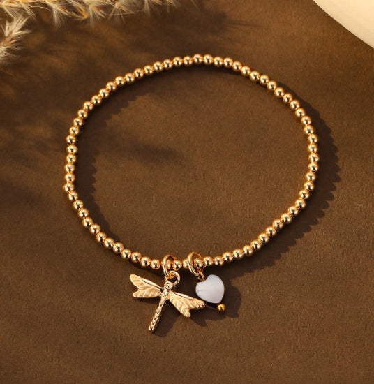 Gracee Jewellery Gold Stretch Bracelet With Heart and Dragonfly