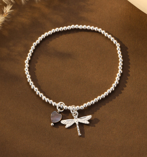 Gracee Jewellery Silver Stretch Bracelet With Heart and Dragonfly