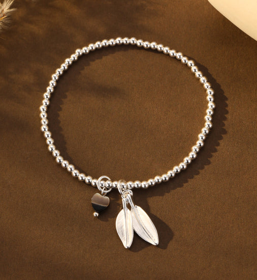 Gracee Jewellery Silver Stretch Bracelet with Feathers and Heart
