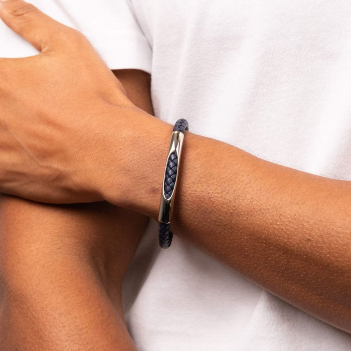 Fred Bennett Woven Navy Blue Leather and Stainless Steel Section Bracelet