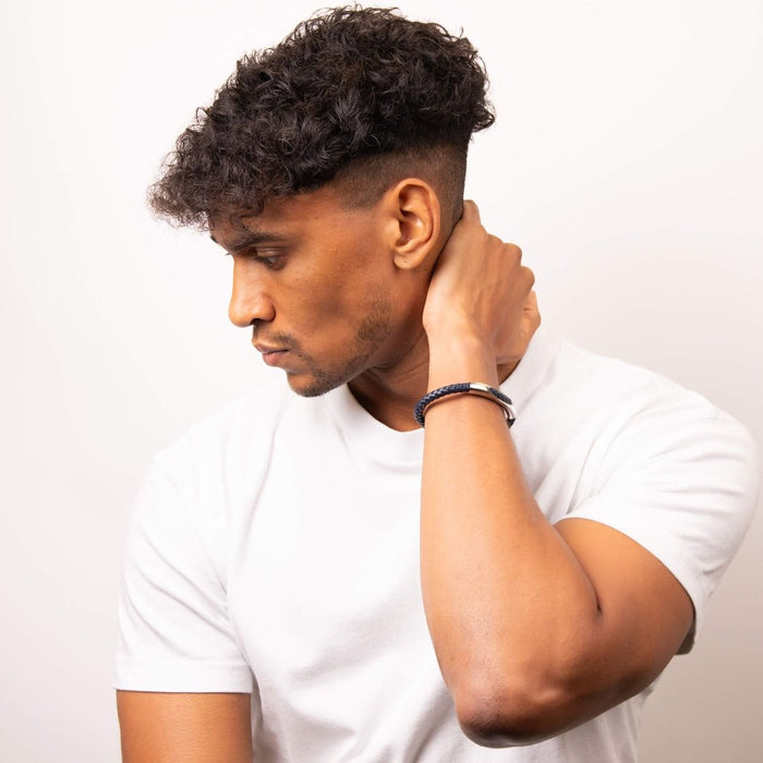 Fred Bennett Woven Navy Blue Leather and Stainless Steel Section Bracelet