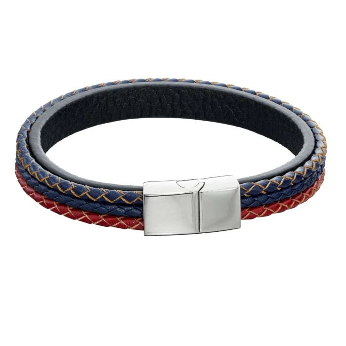 Fred Bennett Woven Blue, Red and Grey Leather Bracelet