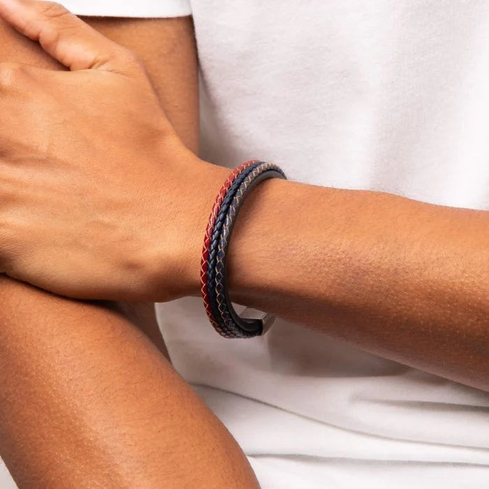 Fred Bennett Woven Blue, Red and Grey Leather Bracelet