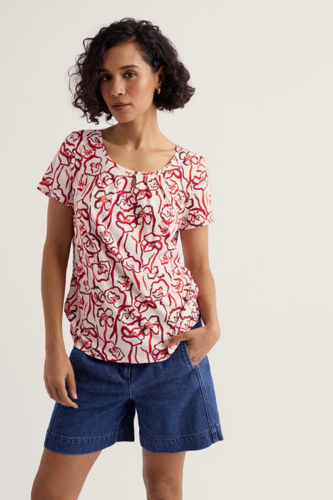 Seasalt Women's Appletree Keyhole Detail T-Shirt In Poppy Stems Chalk