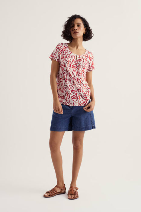 Seasalt Women's Appletree Keyhole Detail T-Shirt In Poppy Stems Chalk