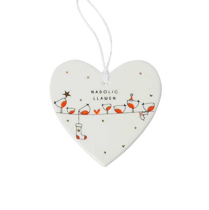 Belly Button Welsh Nadolig Llawen Robins on a Line Ceramic Hanger