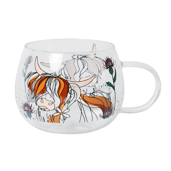 Clear mug with a colorful design of a girl with orange hair and flowers on a white background