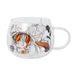Clear mug with a colorful design of a girl with orange hair and flowers on a white background
