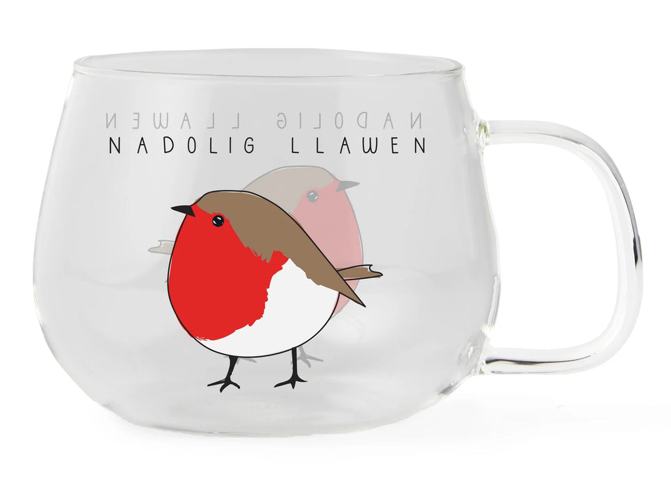 Belly Button Nadolig LLawen Robin Glass Mug