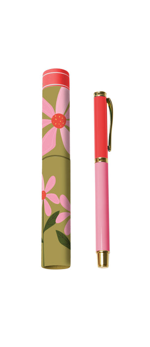 Pink pen with floral design on the cap and case against a white background