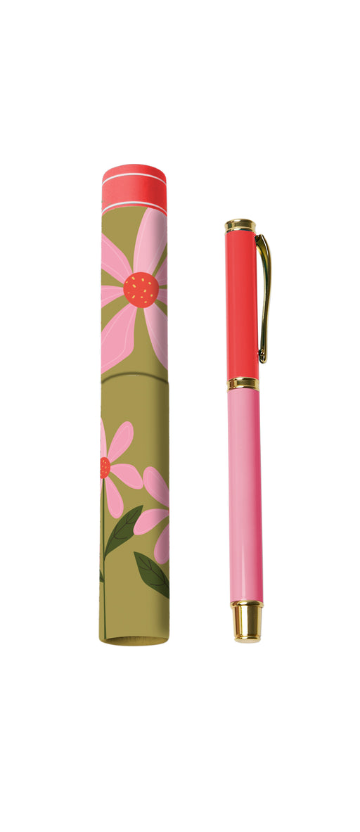Pink pen with floral design on the cap and case against a white background