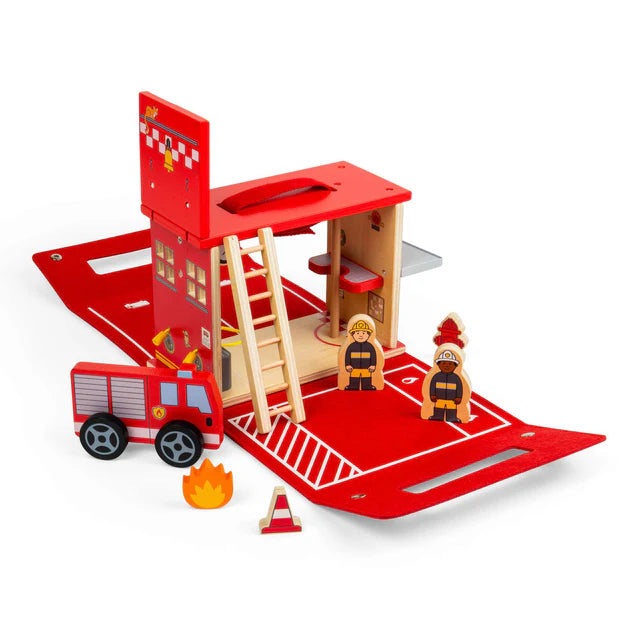 Bigjigs Toys Fire Station On The Go Wooden Playset