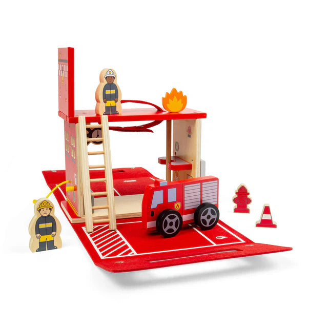 Bigjigs Toys Fire Station On The Go Wooden Playset