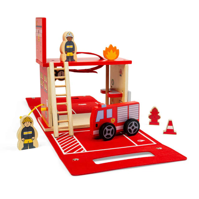 Bigjigs Toys Fire Station On The Go Wooden Playset